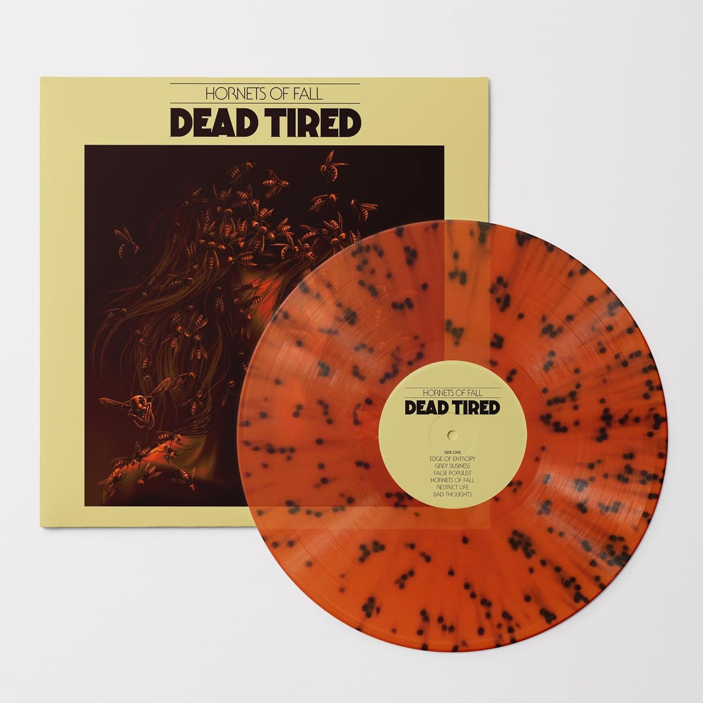 Album cover for Dead Tired - Hornets Of Fall on orange & black splatter vinyl lp