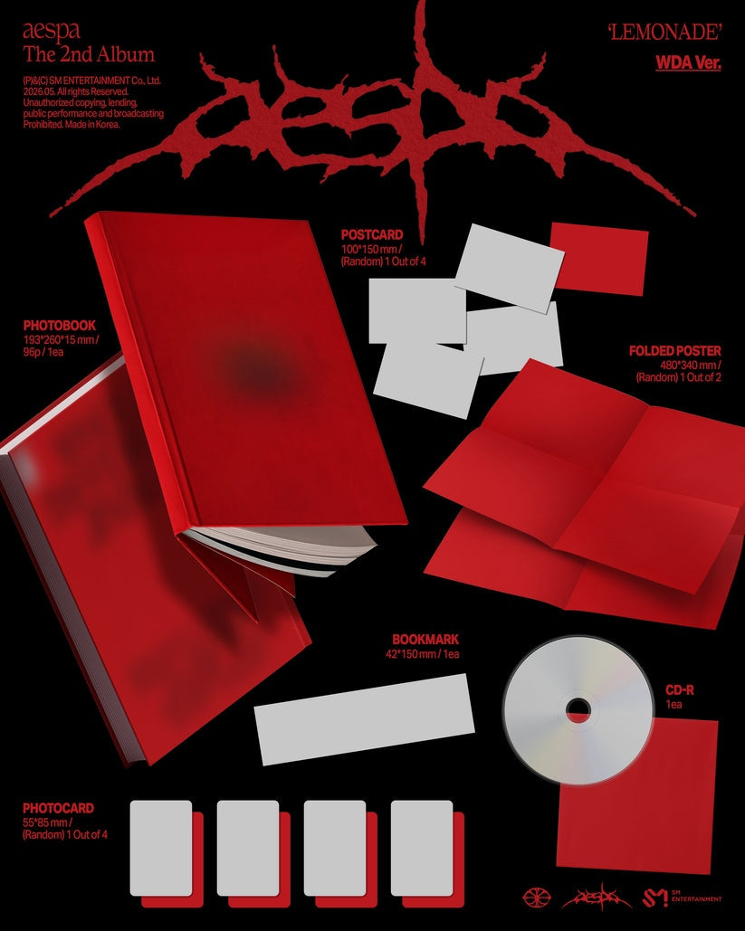 Album cover for Aespa - The 2nd Album ‘Lemonade’ (Wda Version) on cd 96 page photobook postcard folded poster photo card