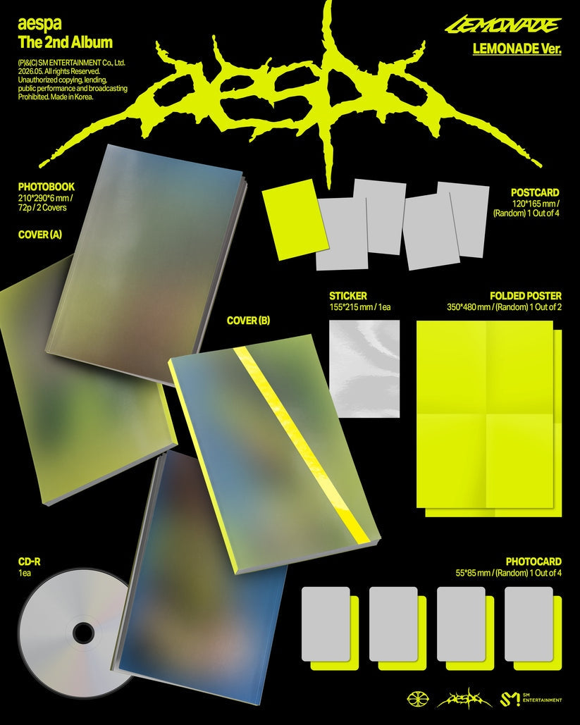 Album cover for Aespa - The 2Nd Album ‘Lemonade’ (Lemonade Version) on cd 72 page photobook postcard folded poster sticker