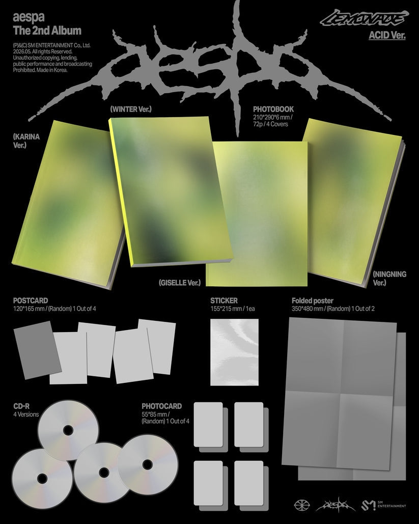 Album cover for Aespa - The 2Nd Album ‘Lemonade’ (Acid Version) on cd 72 page photobook postcard folded poster sticker