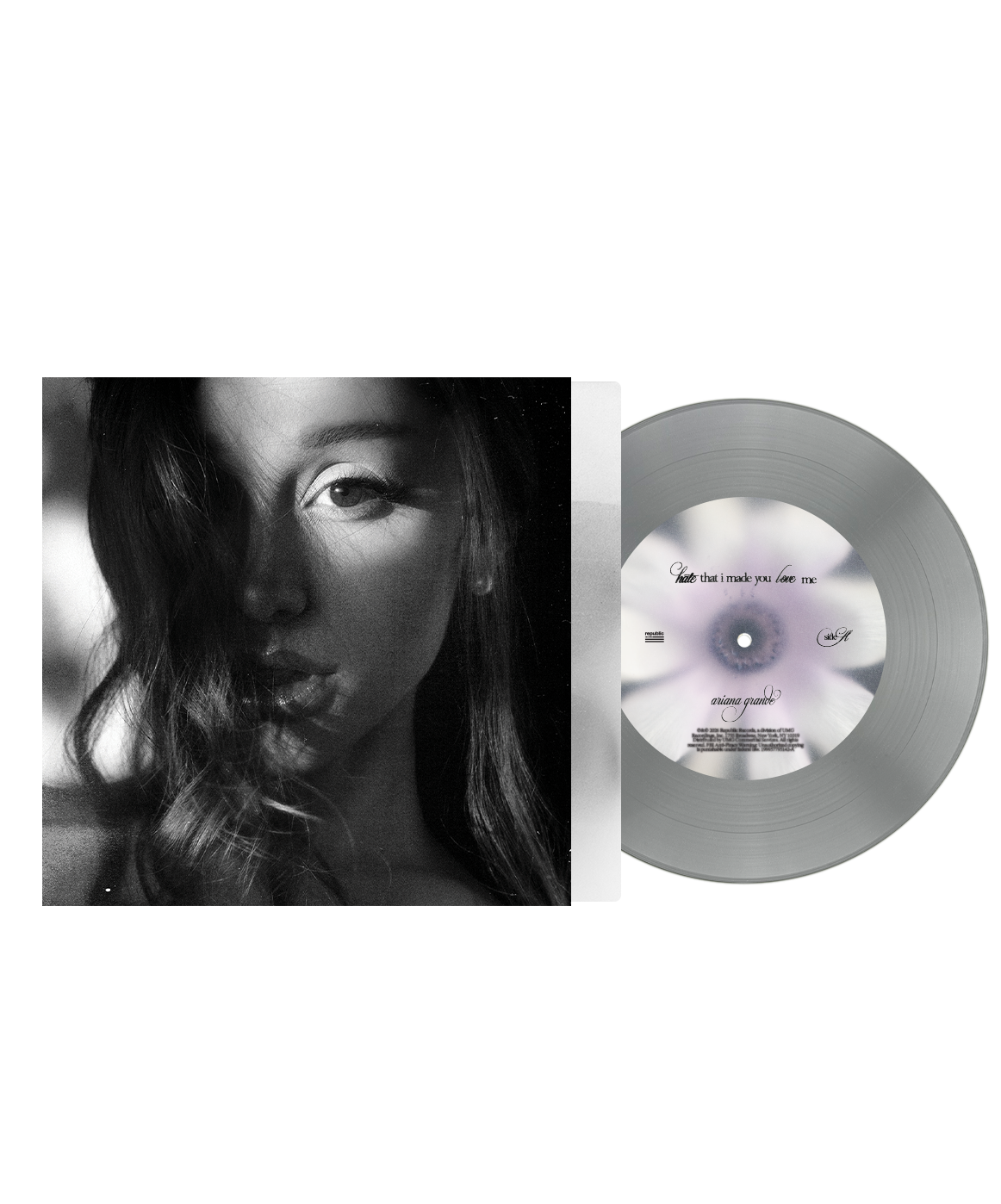 Album cover for Ariana Grande - Hate That I Made You Love Me on fluffy tail gray 7” vinyl