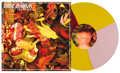 Album cover for Drug Church - Hit Your Head on baby pink/canary yellow/oxblood quad vinyl lp