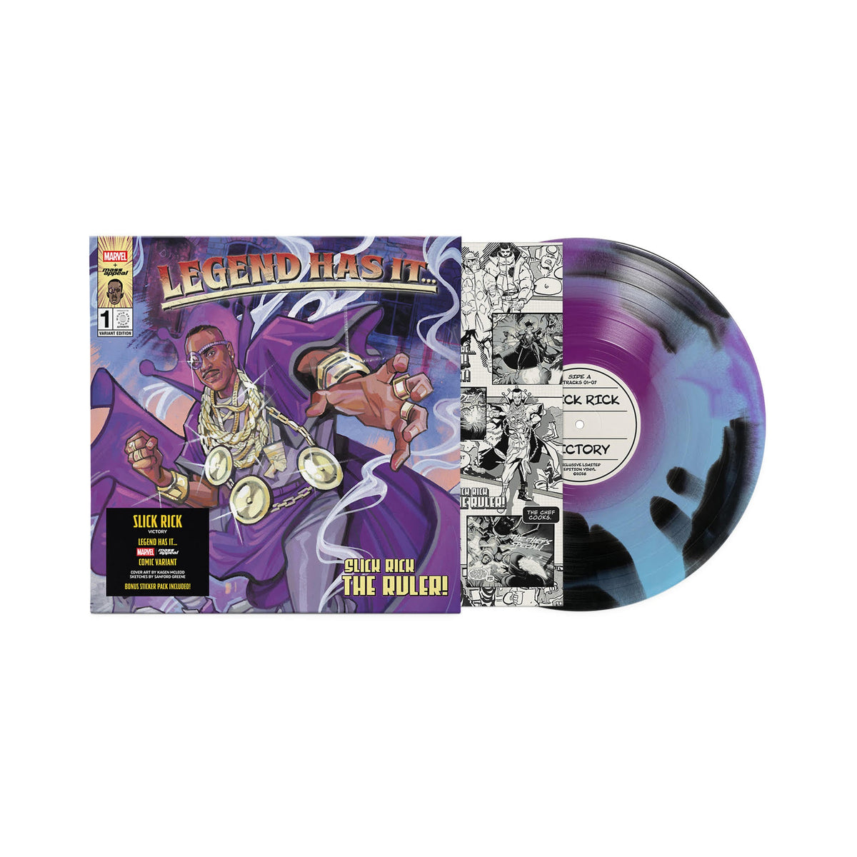 Album cover for Slick Rick - Victory on marvel variant purple & blue w/ black splatter vinyl lp