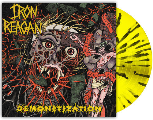 Album cover for Iron Reagan - Demonetization on canary yellow with splatter vinyl lp