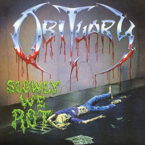 Album cover for Obituary - Slowly We Rot on blue & red vinyl