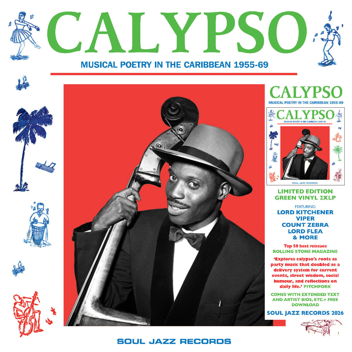 Album cover for Various Artists - CALYPSO: Musical Poetry In The Caribbean 1955-69 on green vinyl 2lp