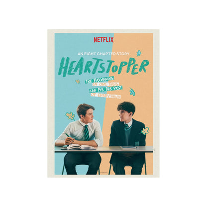 Heartstopper art card showing Nick and Charlie at a classroom desk