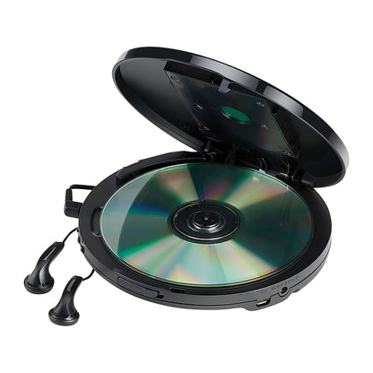 Jensen — CD-60R-BT [Black Bluetooth CD Player] — open lid and earbuds