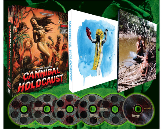 Cannibal Holocaust Ultimate Edition box set contents: 4K UHD, Blu-rays, soundtrack CD, 100-page book and slipcover