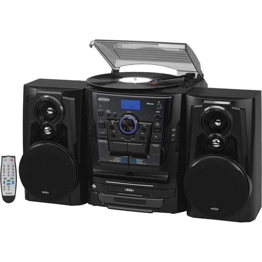 Jensen - JMC-1250 Bluetooth Turntable, 3-CD Changer, Dual Cassette & AM/FM Music System (Black) — product photograph