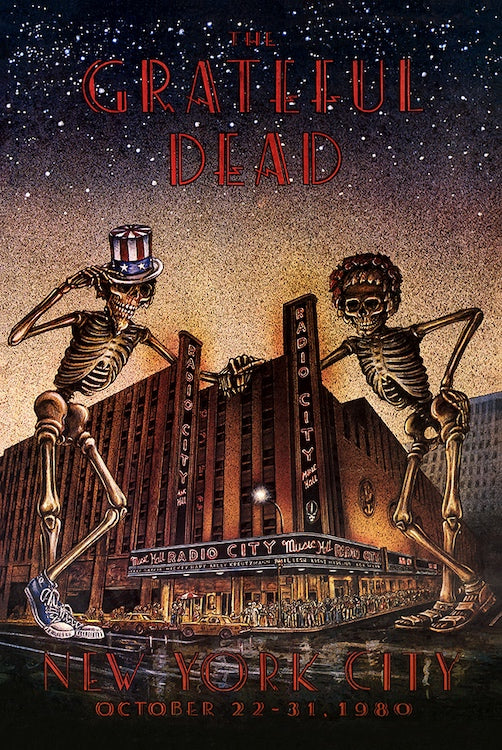 Grateful Dead – Radio City Music Hall poster featuring skeleton figures flanking Radio City Music Hall beneath a starry sky