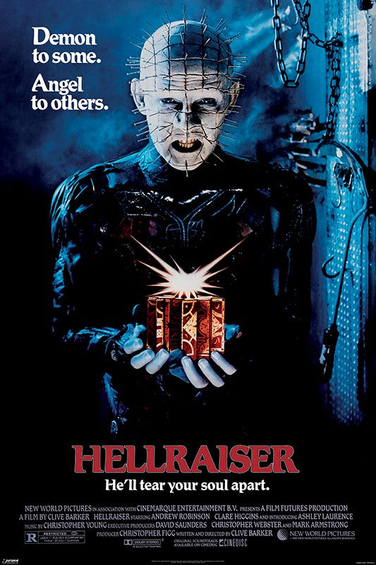Hellraiser poster featuring Pinhead holding the puzzle box against a dark blue background