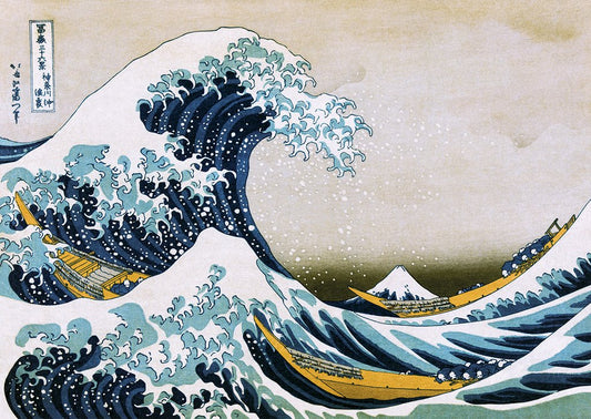 Hokusai Great Wave poster featuring the curling Great Wave above boats, with Mount Fuji in the distance