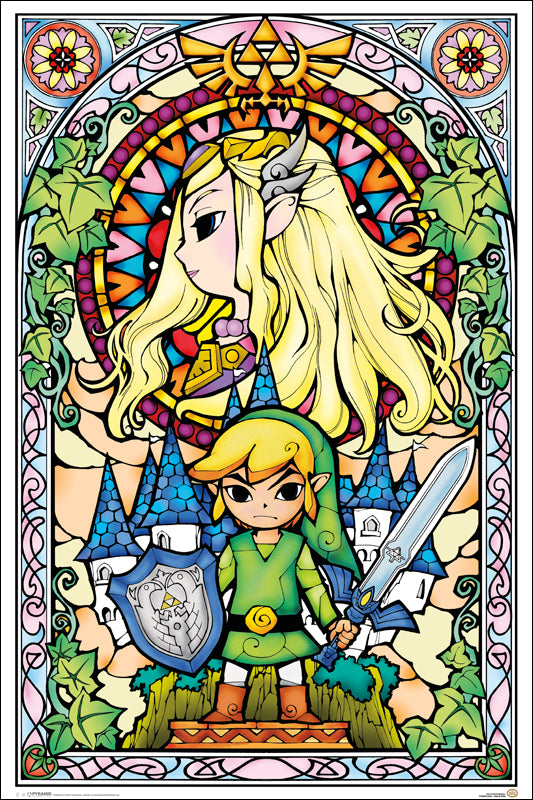 Zelda poster featuring Link and Princess Zelda in a stained-glass-style composition