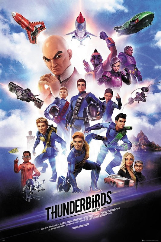 Thunderbirds Are Go poster featuring the Thunderbirds Are Go team and vehicles in a blue-toned montage