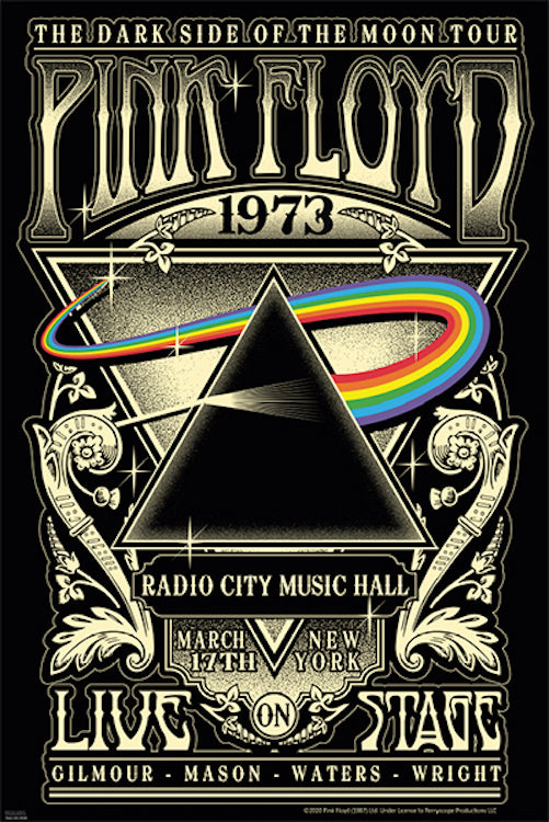 Pink Floyd poster featuring a decorative Dark Side of the Moon tour design with prism and rainbow