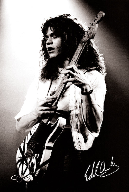 Eddie Van Halen poster featuring a black-and-white photograph of Eddie Van Halen playing guitar