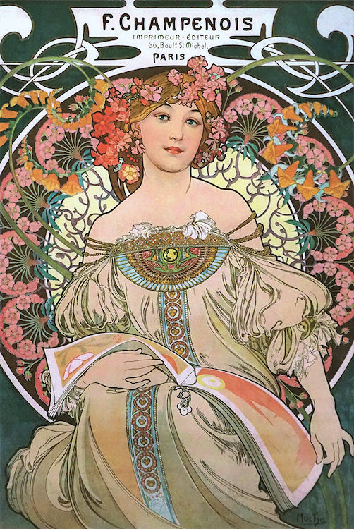 Alphonse Mucha – Mucha Reverie poster featuring a floral Art Nouveau portrait beneath F. Champenois lettering