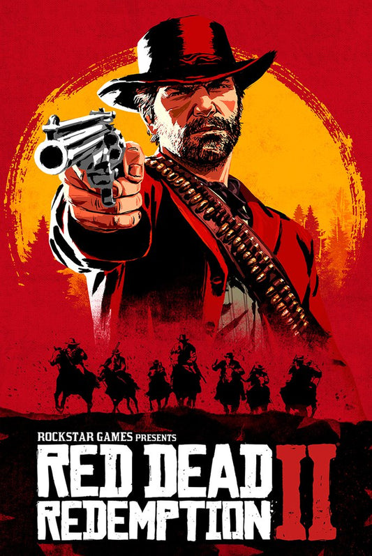 Red Dead Redemption II poster featuring a revolver-wielding cowboy against a red-and-yellow background