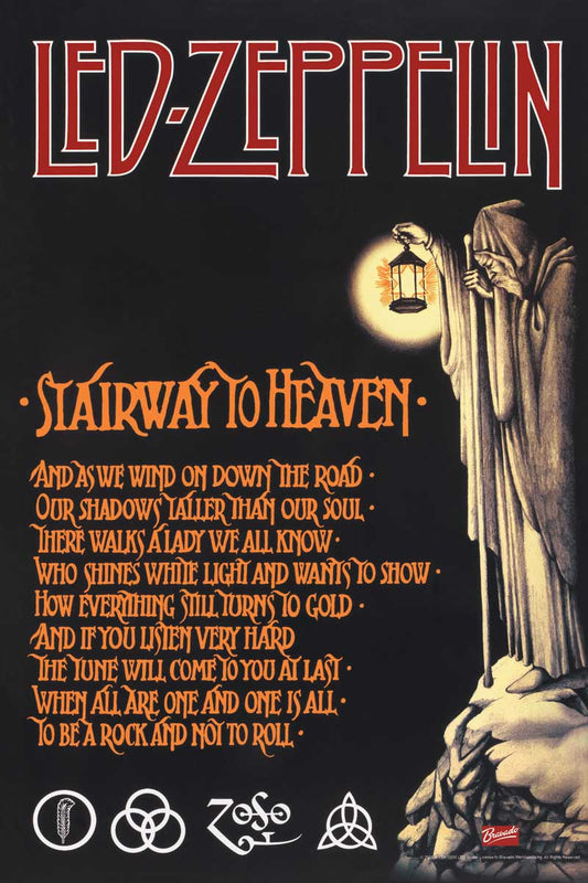 Led Zeppelin Stairway To Heaven poster featuring Stairway to Heaven lettering beside a robed figure with a lantern