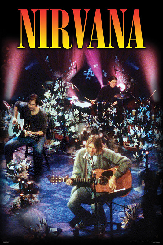 Nirvana Unplugged poster featuring the band performing on the flower-filled MTV Unplugged stage