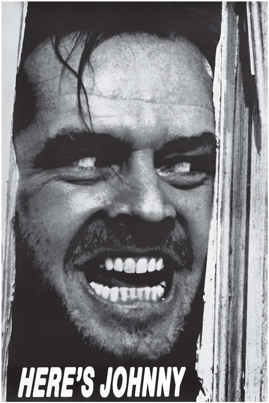 The Shining - Here's Johnny poster featuring Jack Nicholson's face through a broken door with Here's Johnny lettering