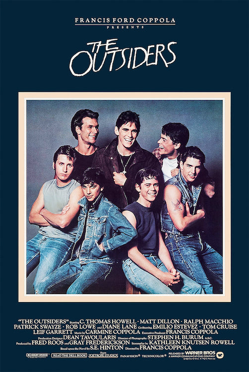 The Outsiders poster featuring The Outsiders ensemble photograph against a blue background