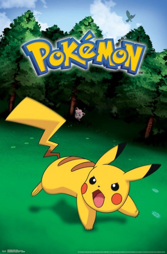 Pokémon – Pokemon Pikachu poster featuring Pikachu on a green woodland path beneath the Pokémon logo