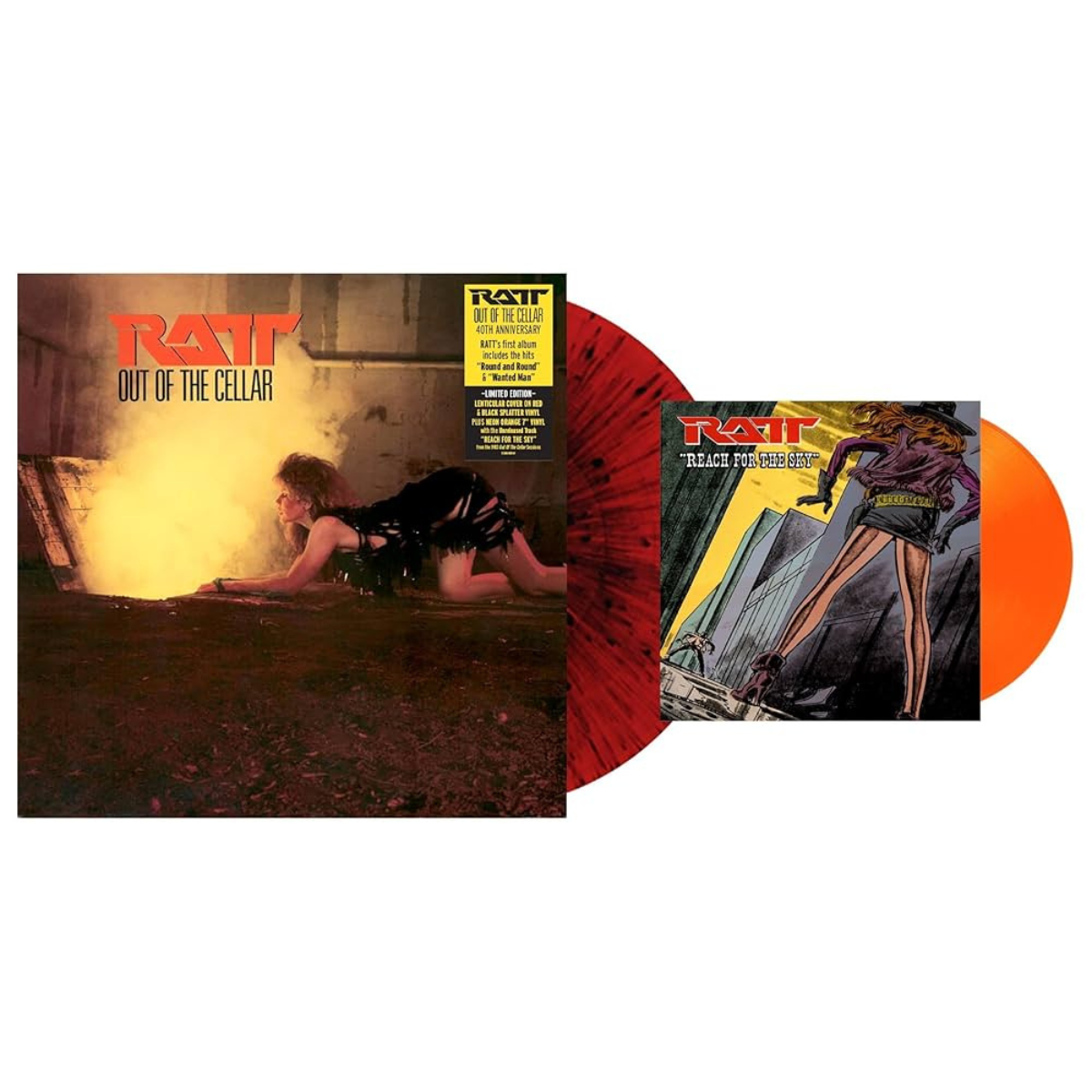 Ratt — Out of the Cellar (40th Anniversary) [Red & Black Splatter Vinyl + Neon Orange 7", Lenticular Sleeve] — cover and product artwork