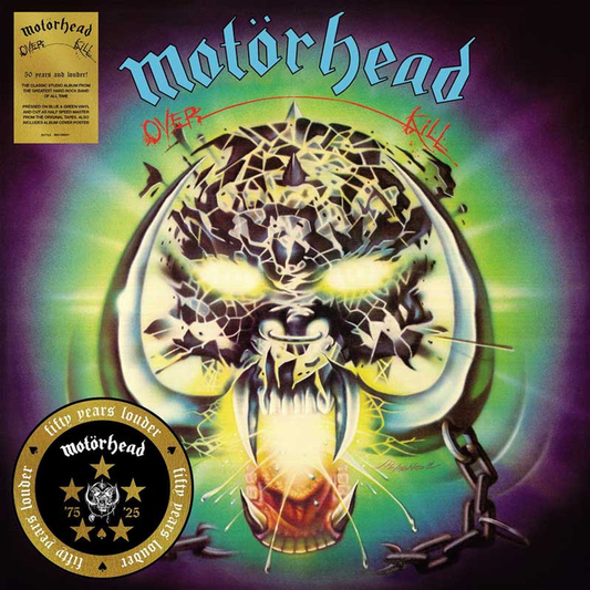 Motörhead — Overkill (Band 50th Anniversary) [Half-Speed Turquoise Splatter Vinyl]; cover artwork and edition packaging