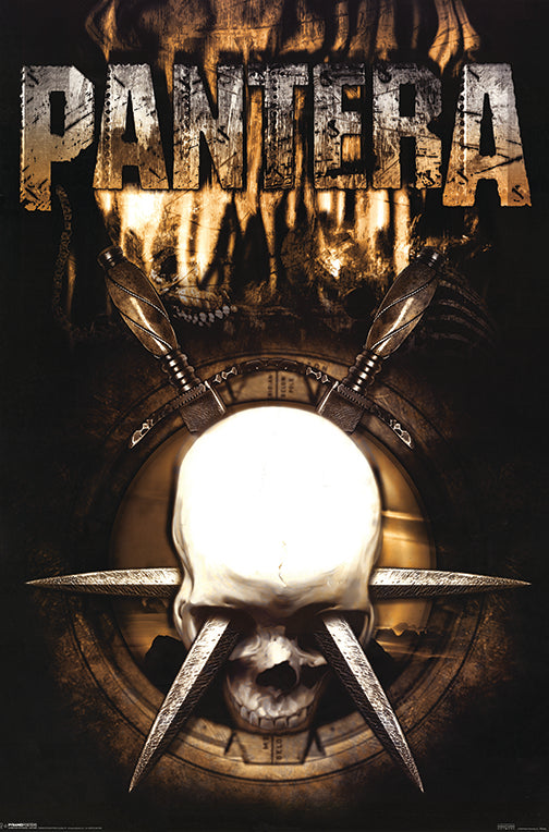 Pantera poster with the band logo above a skull and crossed blades