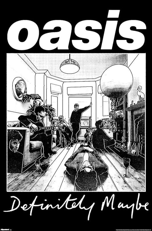 Oasis Definitely Maybe poster with a black-and-white band photograph and white lettering