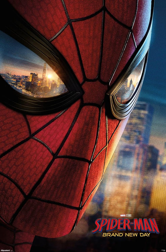 Spider-Man: Brand New Day poster showing a close-up red mask with a city reflected in the eyes