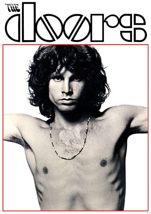 The Doors – Jim Morrison poster featuring a black-and-white portrait of Jim Morrison beneath The Doors logo