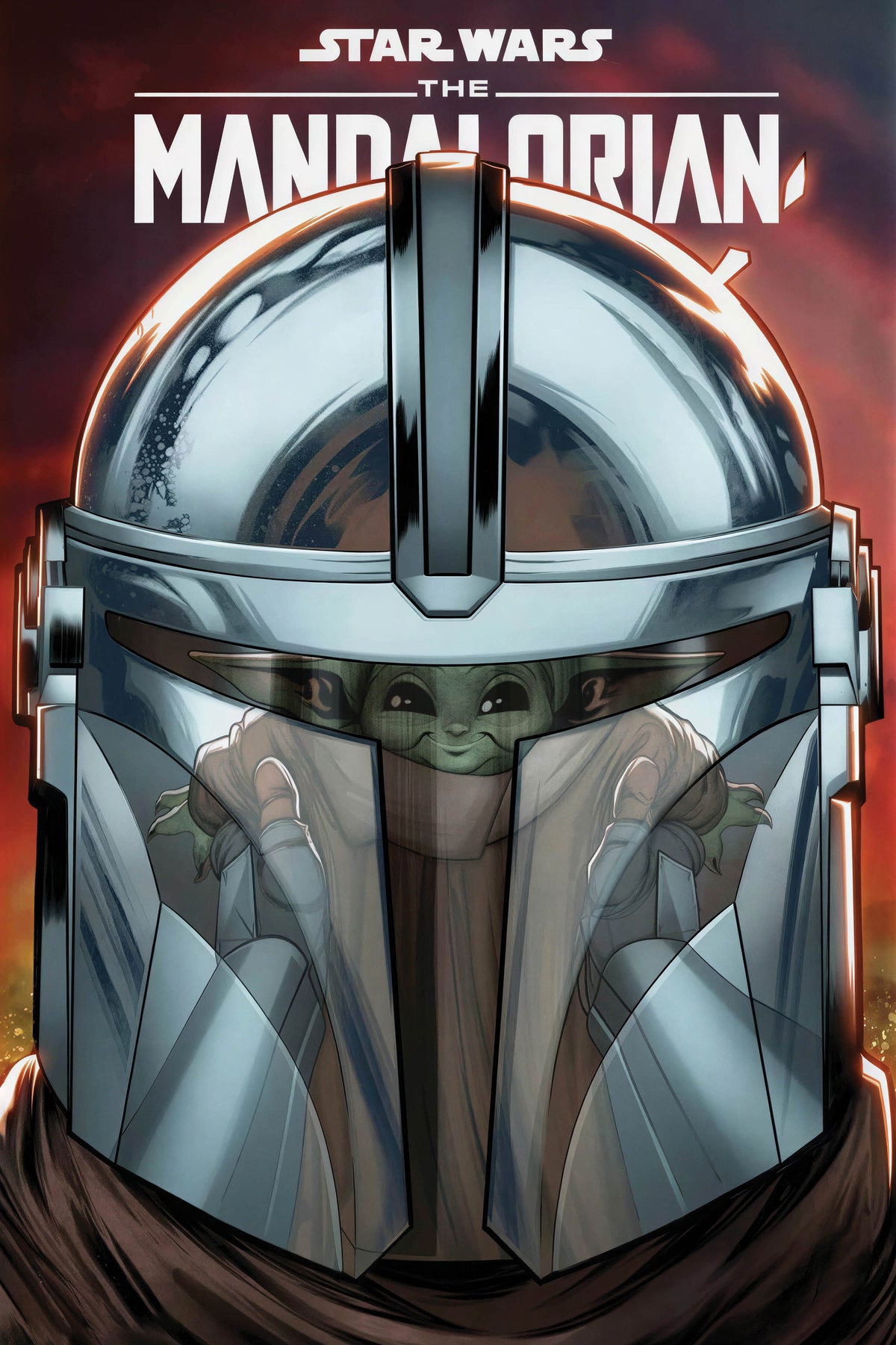 Star Wars: The Mandalorian poster featuring a close-up illustrated helmet beneath The Mandalorian title