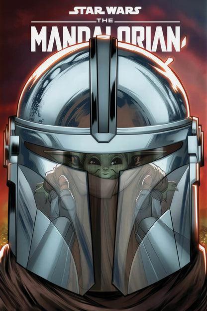 Star Wars: The Mandalorian poster featuring a close-up illustrated helmet beneath The Mandalorian title