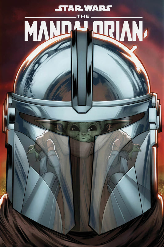 Star Wars: The Mandalorian poster featuring a close-up illustrated helmet beneath The Mandalorian title