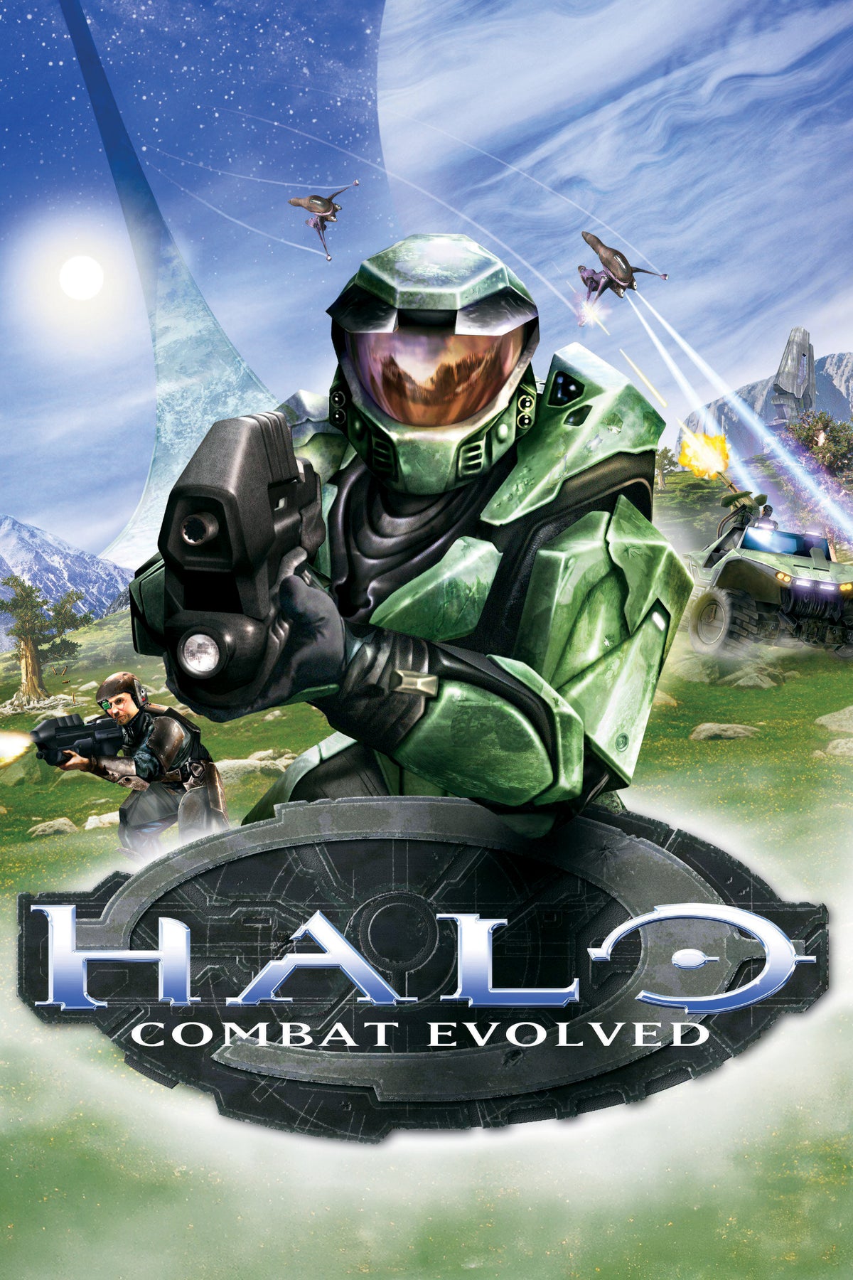Halo: Combat Evolved poster featuring Master Chief in green armor beneath a blue sky