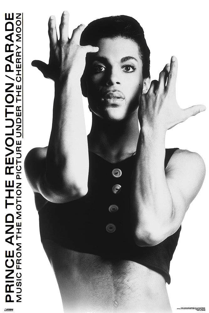 Prince – Parade poster featuring the black-and-white Parade portrait with Prince holding both hands up