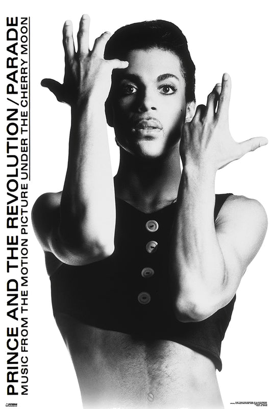 Prince – Parade poster featuring the black-and-white Parade portrait with Prince holding both hands up