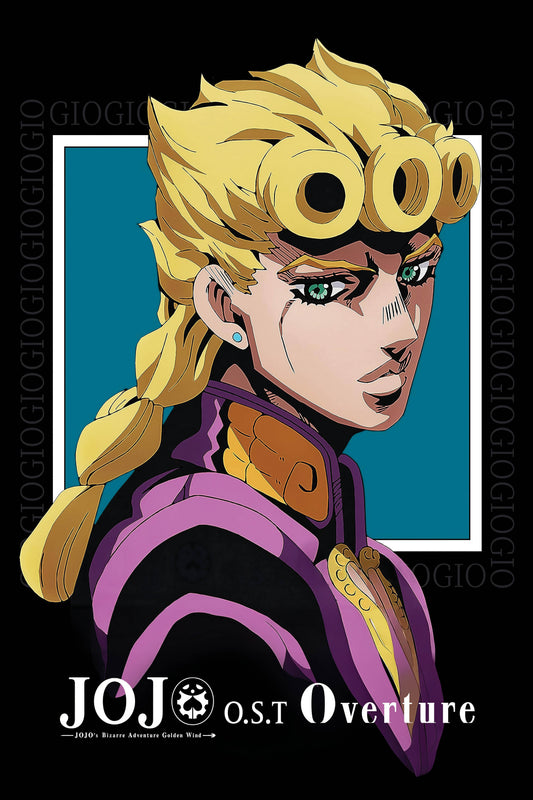 JoJo’s Bizarre Adventure – Giorno poster featuring a portrait of Giorno Giovanna with gold hair against a black background