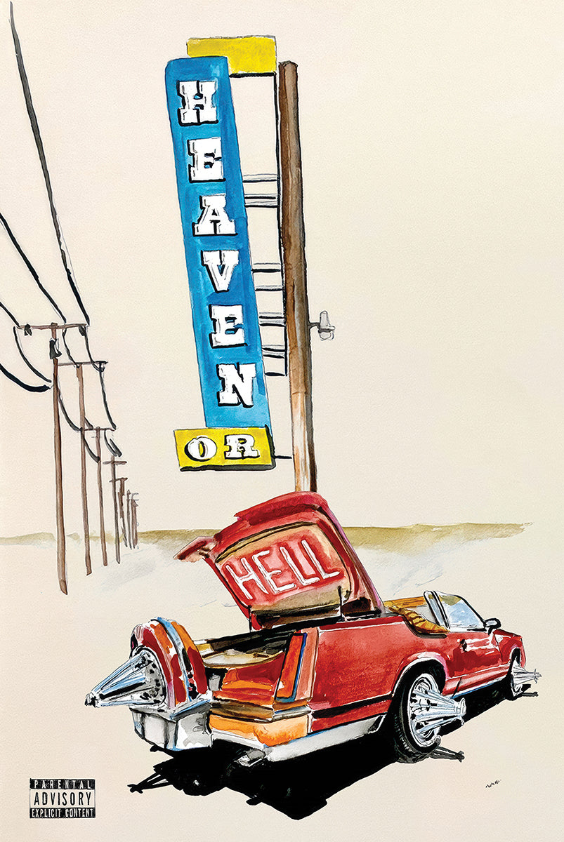 Don Toliver – Heaven or Hell poster featuring an illustrated roadside sign and red vehicle on a cream background
