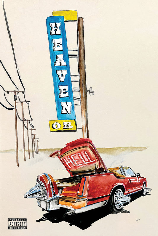Don Toliver – Heaven or Hell poster featuring an illustrated roadside sign and red vehicle on a cream background