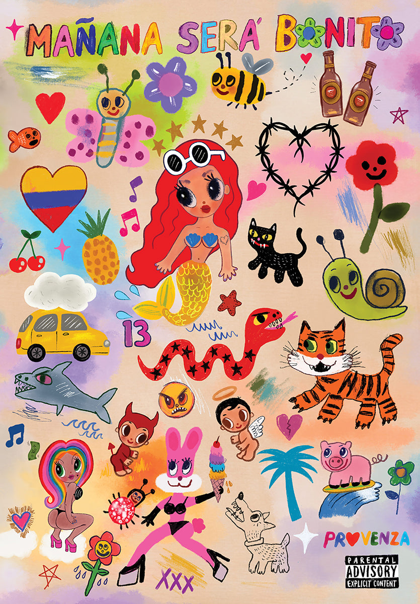 Karol G – Mañana Será Bonito poster featuring a bright collage of small drawings surrounding a central portrait