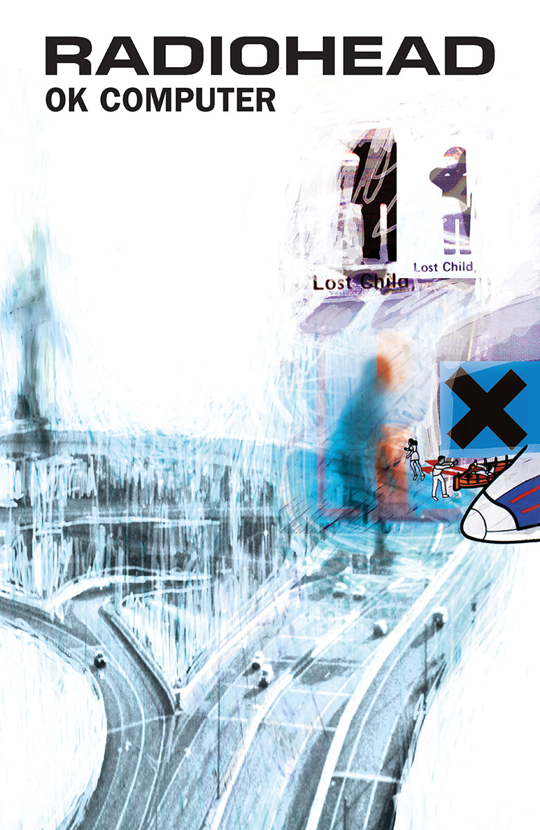 Radiohead – OK Computer poster featuring the pale blue-and-white OK Computer design beneath black Radiohead lettering
