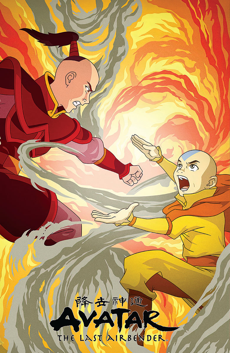 Avatar: The Last Airbender – Aang vs. Zuko poster featuring Aang and Zuko in a bright illustrated confrontation