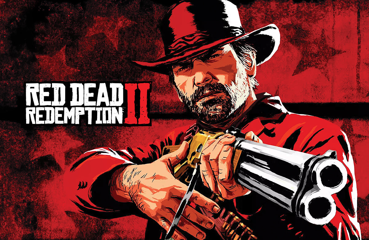 Red Dead Redemption II poster featuring a horizontal red-and-black western scene with an armed central figure