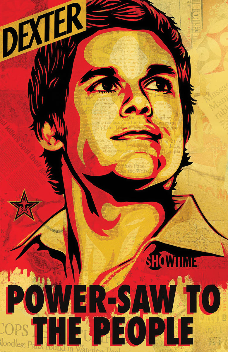 Dexter – Power-Saw to the People poster featuring an illustrated portrait in red, orange and yellow above Power-Saw to the People lettering