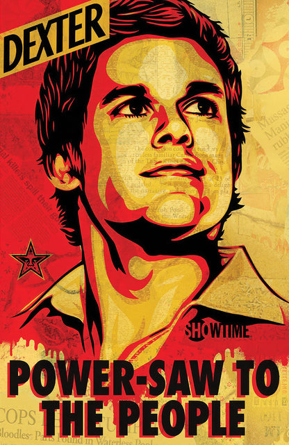 Dexter – Power-Saw to the People poster featuring an illustrated portrait in red, orange and yellow above Power-Saw to the People lettering