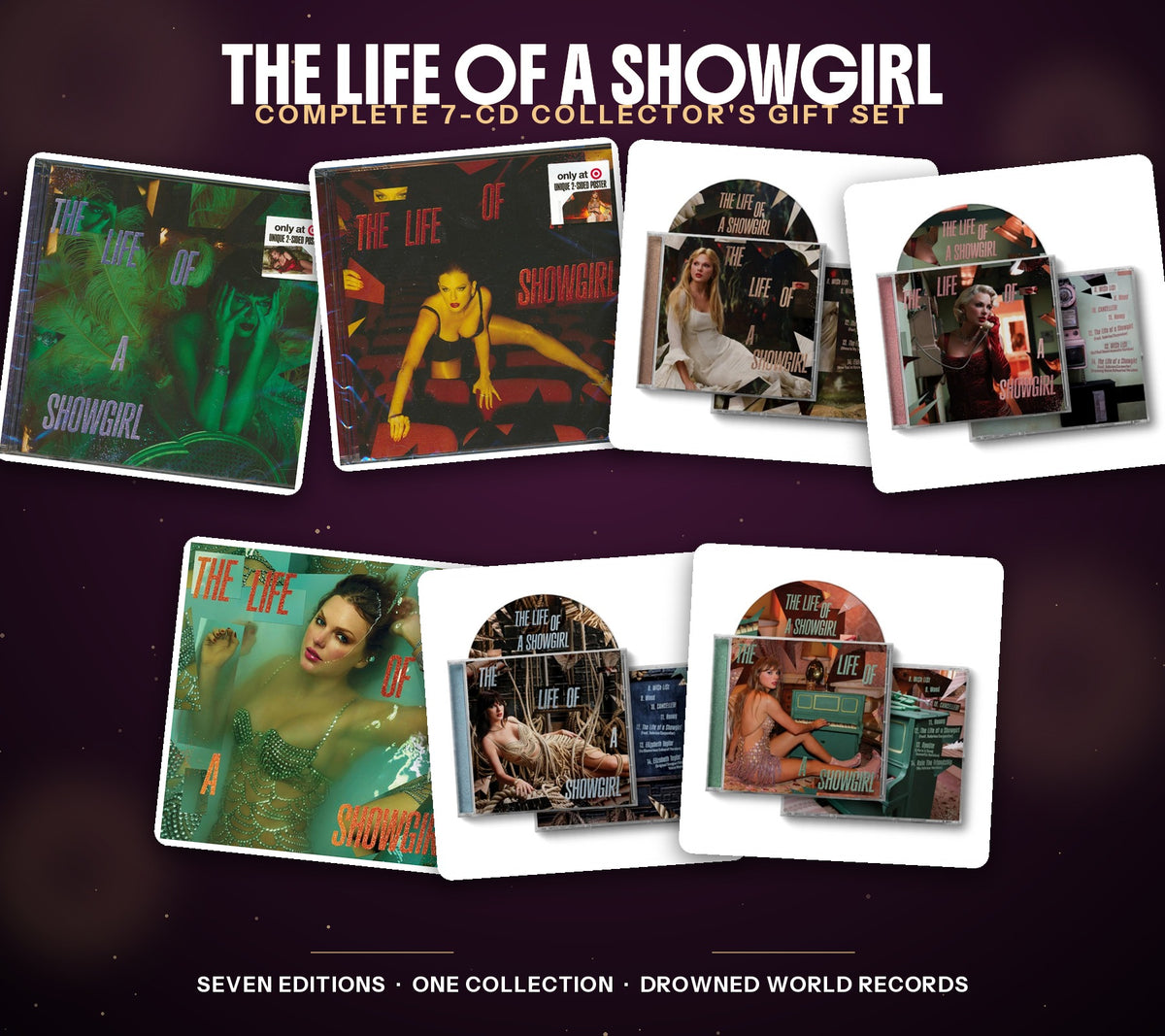 The Life Of A Showgirl 7-CD Collector's Gift Set — all seven Taylor Swift CD editions displayed together: Rapturous Edition, Frightening Edition, Alone In My Tower Acoustic Version, Dressing Room Rehearsal Version, Life Is A Song Acoustic Version, So Glamorous Cabaret Version, and the Sweat and Vanilla Perfume Edition